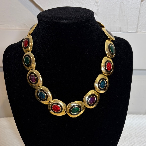 Vintage Brass Gold Enamel Multicolor Gemstone Necklace Bracelet Earrings Set - Picture 2 of 6